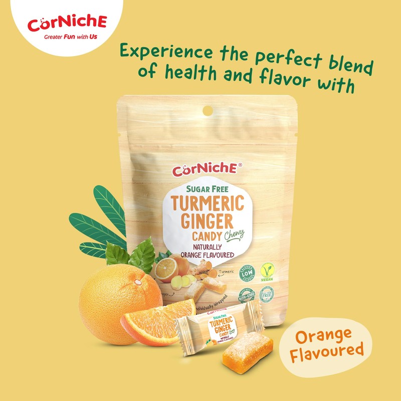 CORNICHE Sugar Free, Turmeric Ginger Candy Chewy Naturally Flavored, Ginger