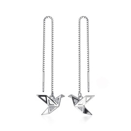 Origami Paper Crane Dangle Drop Earrings Sterling Silver Good Luck Tassel Threader Long Chain Ear Line Stud Earring Minimalist Jewelry Gifts Hypoallergenic for Women Girls (White Gold)