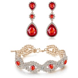 Paxuan Womens Rhinestone Crystal Wedding Bridal Bridesmaid Bracelet Jewelry Link Tennis Bracelet (Red - Bracelet and Earrings Set)
