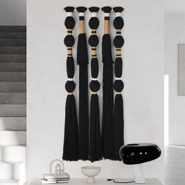 Macrame Wall Hanging Black Sphericity Cotton Tassels Textile Hanging Geometric Yarn Wall Art for Bedroom Living Room Decor 15.7" W x 39" L