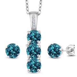 Gem Stone King 925 Sterling Silver 5MM Gemstone Birthstone and White Diamond 3-Stone Pendant and Earrings Jewelry Set For Women | With 18 Inch Chain