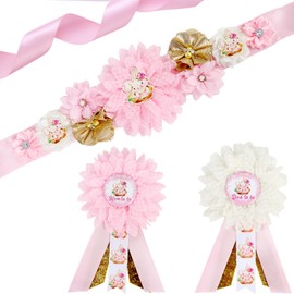 Cheerupp Pig Baby Shower Maternity Sash Kit - Pink Pig Baby Shower Belly Belt and Mom to Be & Dad to Be Corsage Pins, New Parents Pregnancy Photo Props Party Supplies