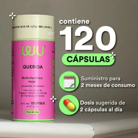 Suplemento Multivitaminico Mujer Querida Wu Nutrition 120 Capsulas Colgeno Hidrolizado Vitaminas y Minerales Biotina Acido Folico Calcio Magnesio...  