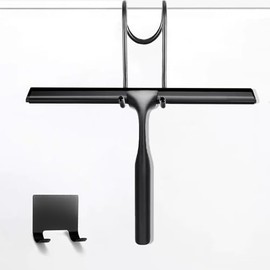Windran 10" Stainless Steel Shower Squeegee for Shower Glass with Adhesive Hook for Cleaning Bathroom Glass Doors Car Window Mirrors and Tile Wall (Matte Black + Hook)