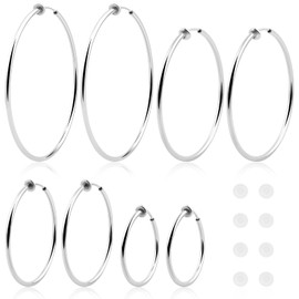 4 Pairs Silver Plated Clip On Hoop Earrings Brass Circle Fake Hoop Spring Earring Clips and 4 Pairs Anti-Pain Earring Pads for Women Non-Pierced Ears, 4 Sizes