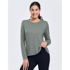 PINSPARK Long Sleeve Womens Workout Tops Quick Dry Lightweight Yoga Shirts with Back Pleated for Golf Hiking Jogging Camping, Sage Grey Large