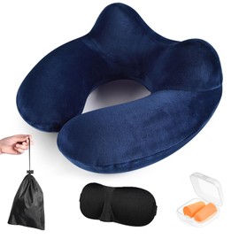 Neck Pillow, Travel Pillow, Aeroplane Neck Pillow with 3D Sleeping Mask and Earplugs, Inflatable Neck Pillow, Adult Travel Pillow, Travel Pillow, Inflatable for Travel, Plane, Train, Car (Blue)
