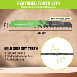 WORKPRO Reciprocating Saw Blades Set of 5, Saw Blade 230 mm 5TPI Made of HCS, for Cutting Branches, Compatible with Standard Reciprocating Saws