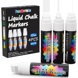 FansArriche White Chalk Markers, 15mm Jumbo Car Window Markers for Glass Washable, 4 Pack Liquid Chalk Marker Erasable for Chalkboard, Blackboard