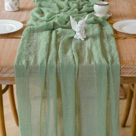 2Pcs Cheesecloth Table Runner 35x120 Inches Boho Gauze Sheer Fabric Table Runner 10ft Cheese Cloth Table Centerpieces for Party Classy Bridal Shower Weddings Graduation Decorations(Sage Green)