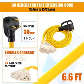 Tellegloww 6.6 FT Flat RV Generator Adapter Cord Compatible with NEMA TT-30P to 3X 5-20R/5-15R, 30A to 110V 15/20 A Household Outlet Adapter, 10 Gauge Flat RV Generator Extension Cord, ETL Listed