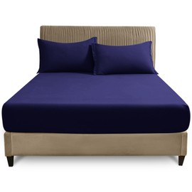 Plain Dyed Fitted Bed Sheet Single, Poly Cotton Bedding & Linen, Easy Care Fade Resistant Bedsheet, Navy