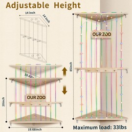 Corner Stuffed Animal Storage Toy Storage Organizer DIY Rainbow Elastic Rope Plushies Storage W/ Hook/ Colorful Light Adjustable Hight Double layer Stuffed Multifunctional Storage for Nursery Bedroom