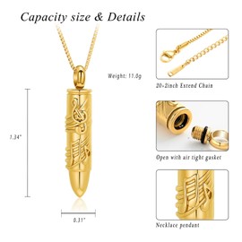 XSMZB Bullet Urn Necklace for Ashes of Loved One - Musical Note Bullet Cremation Jewelry Funeral Ashes Keepsake Pendant Urn Jewelry(Gold)