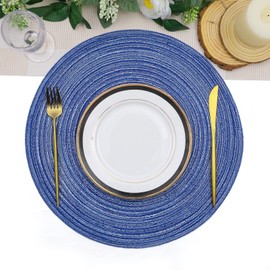 SHACOS - Manteles individuales redondos trenzados de 15 pulgadas, lavables para mesa de cocina, para el hogar, bodas, fiestas (azul, blanco, 6)