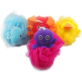 Esponja exfoliante de esponja de esponja para ducha de Loofah, cepillo de malla con diseño de animal, bola de baño para spa y estropajo para el cuerpo de los niños y niños, burbujas de espuma rica (4.7 pulgadas cada uno) paquete de 4