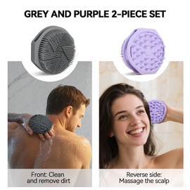 2-Pack Soft Silicone Dual-Sided Body Scrubber & Loofah | Gentle Exfoliating Shower Brush for Men & Women | Creates Rich Lather, Easy to Clean (Gray & Purple)
