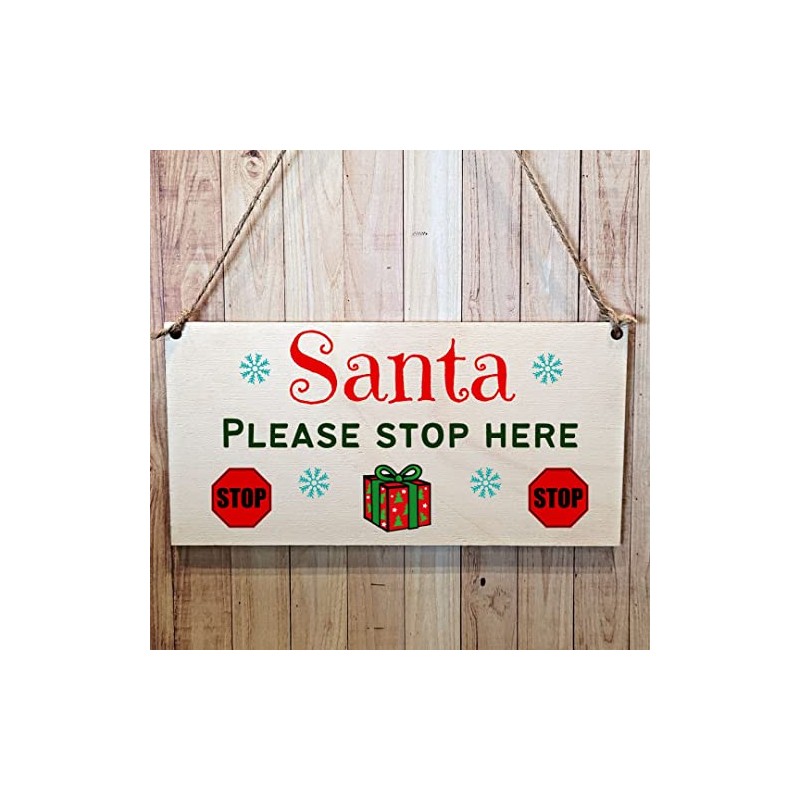Second Ave Santa Please Stop Here Wooden Hanging Gift Rectangle