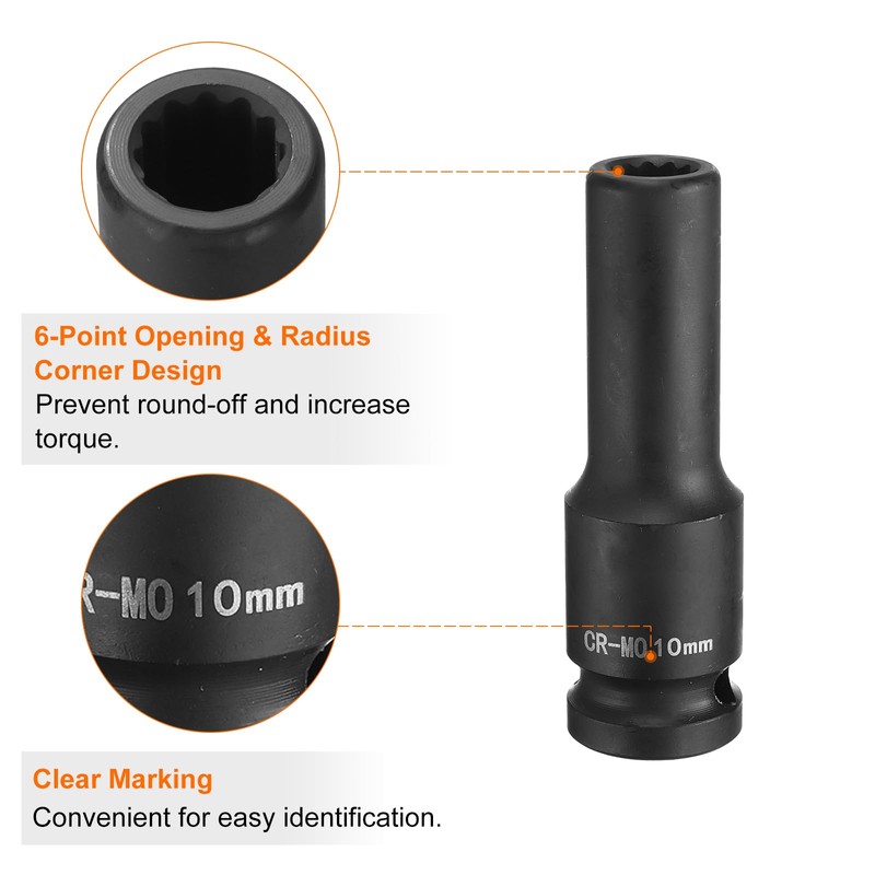 HARFINGTON 12-Point Deep Impact Socket 1/2 Inch Drive 10mm Metric