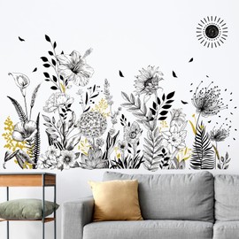 wondever Black and White Garden Flower Wall Stickers Wildflower Black Floral Sunflower Poppy Wall Art Decals for Bedroom Living Room TV Wall