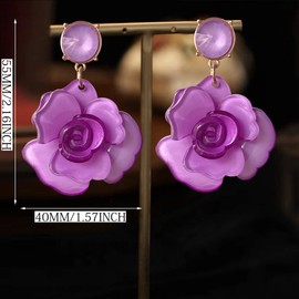 Unique Dainty Bohemian Luxury Oversize Resin Big Flower Dangle Drop Earrings Boho Big Flower Floral Petal Stud Earrings For Women Statement Crystal Jewelry Gifts (Purple)