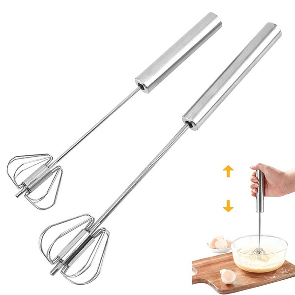2 Egg Mixers, Multifunctional Stainless Steel Semi-Automatic Hand-Held Push-Type Whisk, Milk Whisk, Rotary Kitchen Utensil Mixer (12 Inches + 10 Inches)