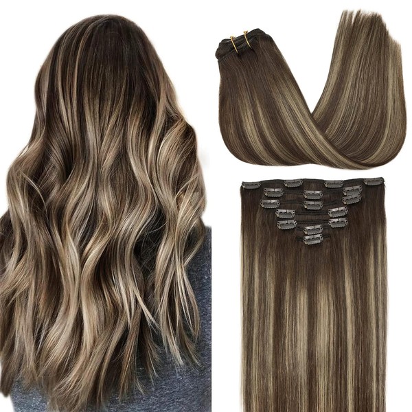 GOO GOO Real Hair Extensions Clip, 7 Pieces, 120 g, 35 cm, Chocolate Brown Mixed Honey Blonde Clip-In Extensions, Real Hair, Natural Hair Extensions