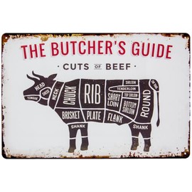 30 x 20 cm – Retro Tin Sign for Grill and Cooking Fans – "The Butchers Guide – Cuts of Beef" – Butcher, Meat BBQ Overview