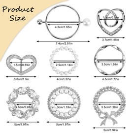 FHUIEWRY 8PCS Pearl Rhinestone Scarf Ring Clips, Glitter T-shirt Ties Clips Elegant Scarves Waist Buckles, Clothes Corner Knotted Button for Women Decorative Accessories(Silver)