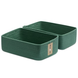 MiniArk Large Shallow Organizing Baskets 15x11x5.1 Inches - Rope Woven Storage Bins for Bathroom, Shelves, Cube Closet, Green 2 Packs