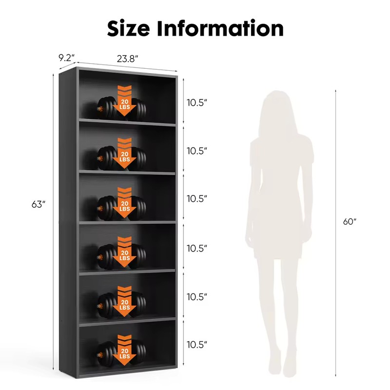 6-Tier Wood Bookcase, 63-Inch Tall Bookshelf with Anti-Tip Device, Floor