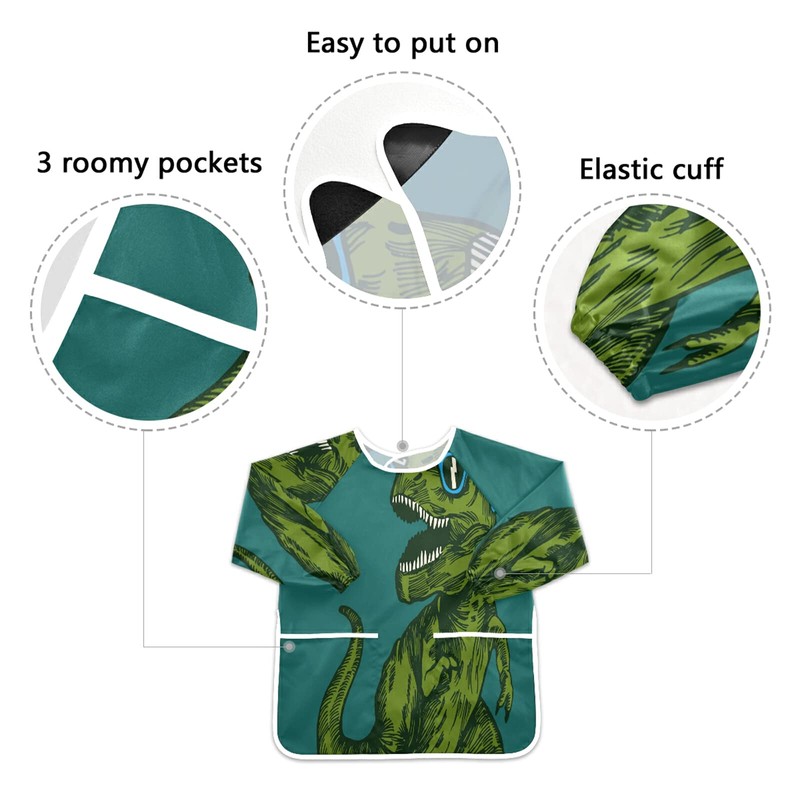 JUMBEAR Green Dinosaur Wearing Sunglasses Kids Art Smocks Children Waterproof