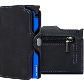 BEWMER Card Holder 1 for Men and Women, Small Wallet with RFID Protection and Carbon Fibre Clip for Storing Banknotes, Neroelettricoblu, Con Zip, Minimalism