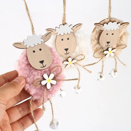 HERZWILD 6pcs Easter Sheep Pendant Wooden Sheep Hanging Easter Decoration Sheep Decoration