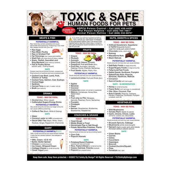 TLC Safety By Design Premium 8.5” x 11” Magnet Toxic Harmful and Safe Foods for Pets Fridge Safety Dogs Cats Poison Emergency Large Format Veterinarian Approved