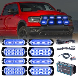 PKINGLAKE 8pcs Sync Feature Emergency Strobe Grille Lights LED Ultra Slim Surface Mount Flashing Hazard Warning Light Bar with Controller for Firefighter/Construction/Trucks/Vehicles/Car (Blue)