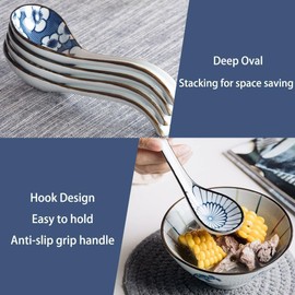 Raelitego 12pcs Asian Soup Spoon, Ceramic Chinese Soup Spoons, Deep Oval Hook Non-slip Japanese Spoons for Rice Ramen Pho Miso Soup Wonton Noodle, Luck and Prosperity Gifts for Friends Parents Family