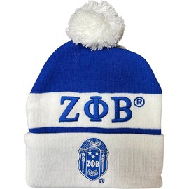 Zeta Phi/Φ Beta Embroidered Knit Beanie with Ball [Blue] - ID#72024
