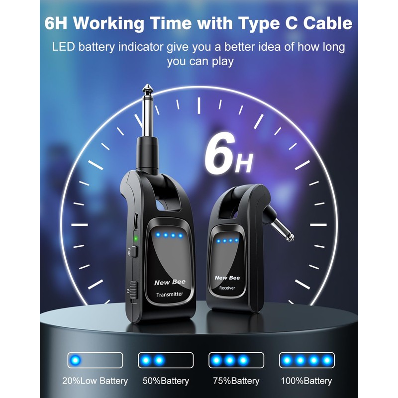 Wireless Guitar System 2.4 GHz with 6 Channels Rechargeable Audio