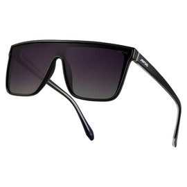 Jefoo Polarized Square Sunglasses for Women Men Oversized Fashion Siamese Lens Style Flat Top Shield Shades UV Protection, Black Frame / Black Sunglasses Lens, Medium