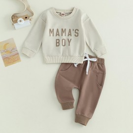 ZAXARRA Toddler Newborn baby boys Fall Outfits Long Sleeve Letter Print Sweatshirt Tops Pocket Pants Casual Clothing Sets (Apricot Light Coffee, 12-18 Months)