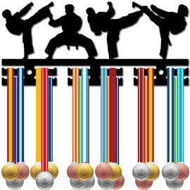 CREATCABIN Taekwondo Medal Holder Acrylic Medal Hanger Medal Hanging Decor Medal Rack Display Wall Mounted 2 Rows Design Hold 40+ Room Decoration Gift for Taekwondo Players Winner Black 15.7x5.9 Inch