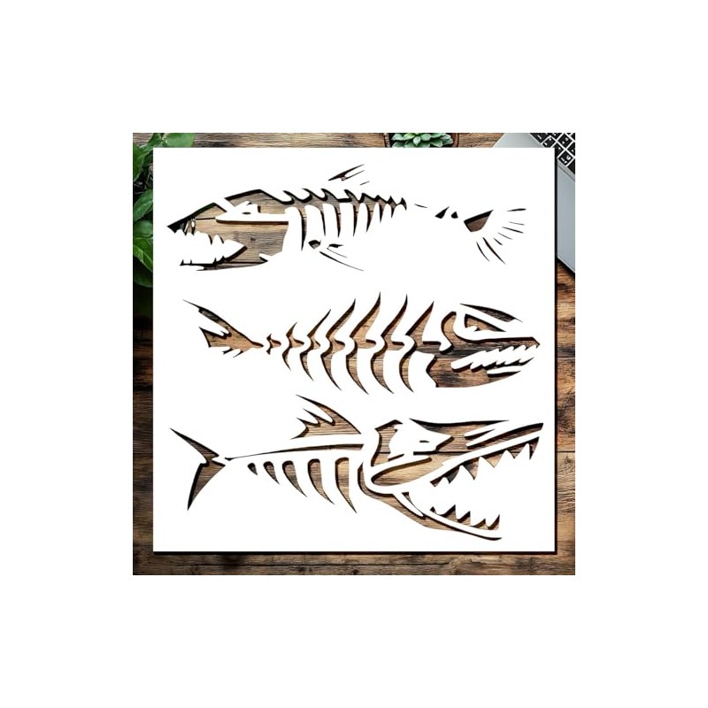 Fish Skeleton Stencil, 5.5 x 5.5 Inches, Reusable Template for