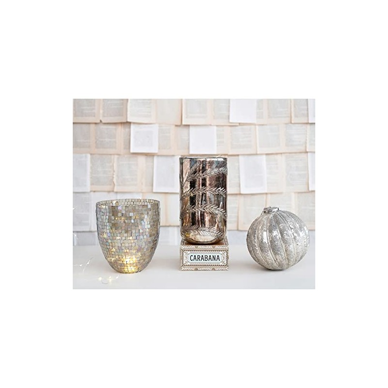 Creative Co-Op Etched Glass Hurricane, Antique Silver Finish