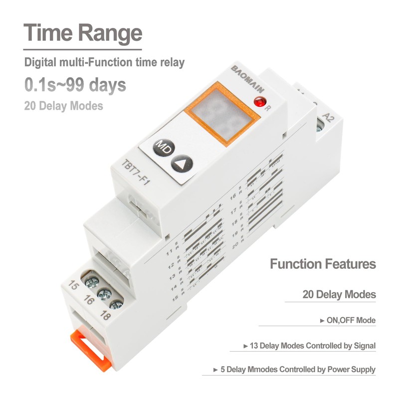 Baomain Digital Multi-Function Time Relay, 16A/250V 20-Delay Modes 0.1s~99d, DIN