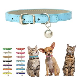 Sky Blue Small Collar with Bell, Soft Pu Leather Kitten Dog Collars Adjustable Buckle for XXS XS Extra Small Medium Tiny Female Male Boys Girls Pets Puppy Cats Teacup Yorkie X-Small