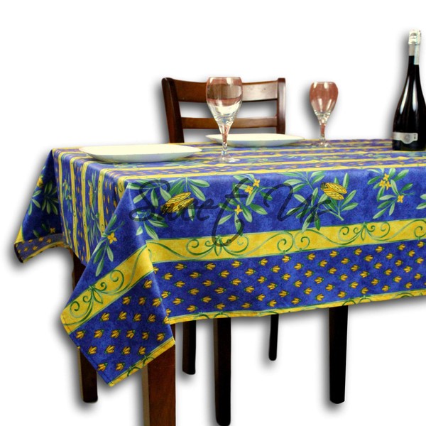 Wipeable Tablecloth Spill Resistant Acrylic Coated Floral Cotton French Provencal Tablecloth for Square Tables 60 x 60 inches Yellow Blue Bee Stripes