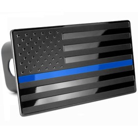 LFPartS USA Flag Emblem Metal Trailer Hitch Cover (Fits 2" Receivers, Black with Blue Line)