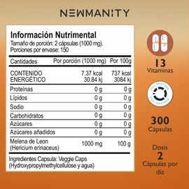 NEWMANITY Melena de Leon 300 Cápsulas de 500 mg - Nootrópico Natural de Lions Mane, Hongo Melena de Leon, Mushroom Blend de Suplemento con Extracto 8:1, Nootropicos para Apoyo en la Memoria
