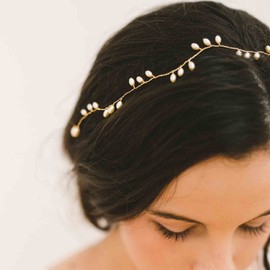 Andelaisi Wedding Pearl Headband Gold Pearl Hair Chain Headpieces Vintage Pearl Hair Hoop Pearl Tiara Headband Decorative Headwear Pearl Wedding Headpieces Hair Accessories for Women Headdress